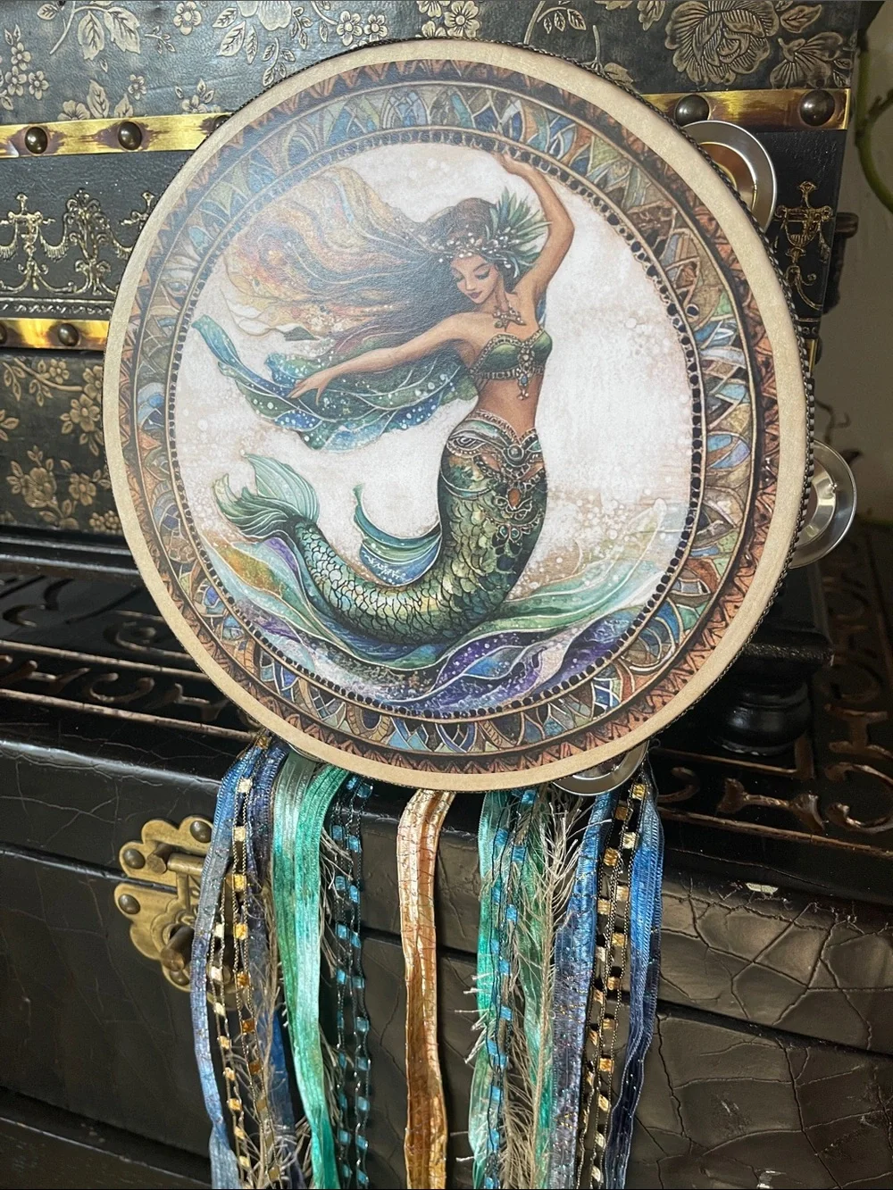 Mermaid Wall Art Tambourine in Green and Teal 8”